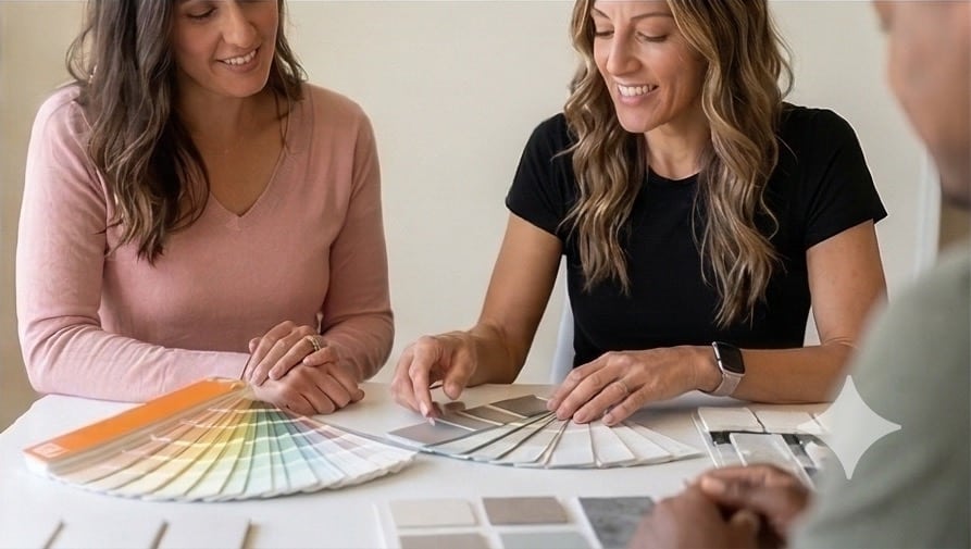 Courtney Looking at Color Swatches with Client Courtney Looking at Color Swatches with Client