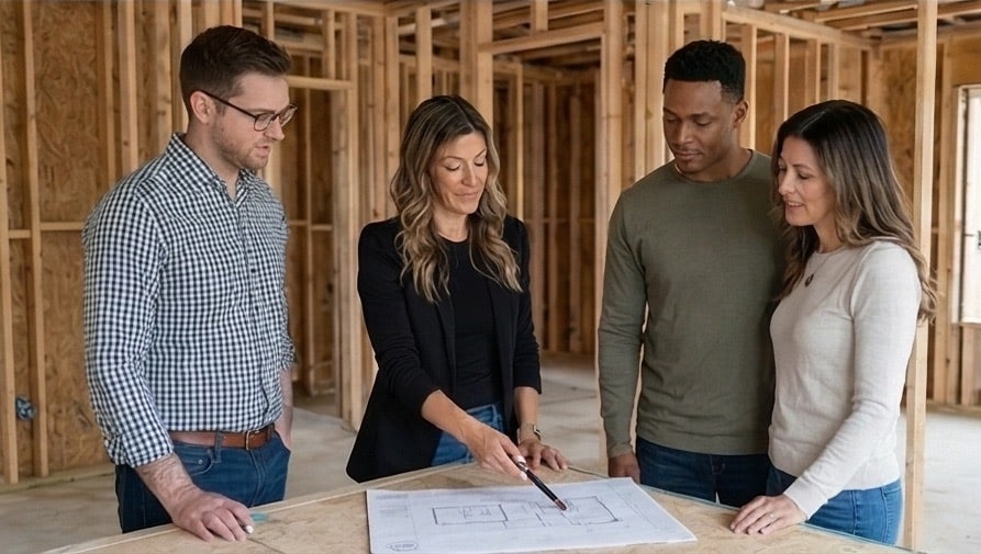 Courtney Reviewing Building Plans with Client Courtney Reviewing Building Plans with Client