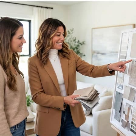 Courtney Reviewing Design Board with Client